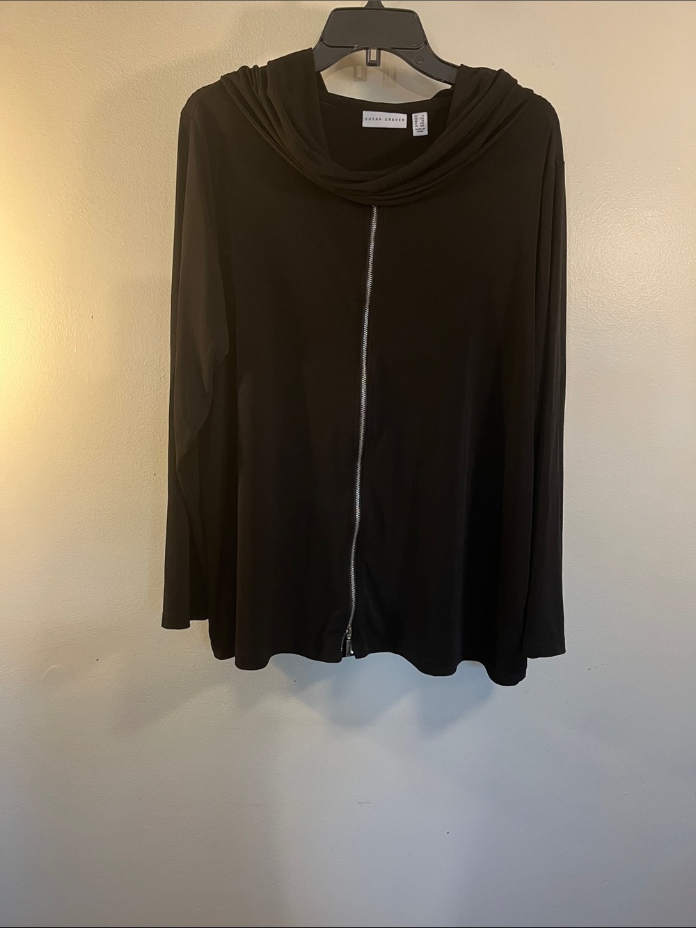 Susan Graver Black Long-Sleeve Zip Front Top